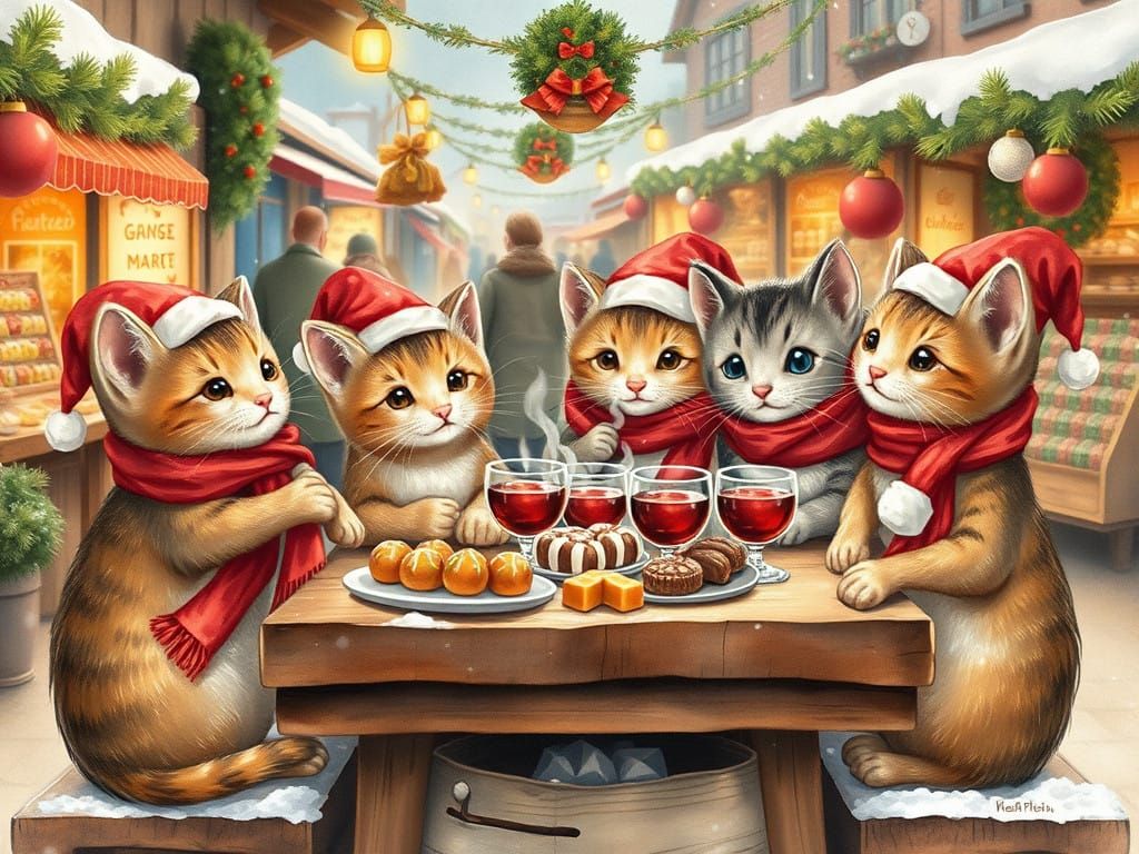 Whimsical Feline Family at a Cozy Christmas Market