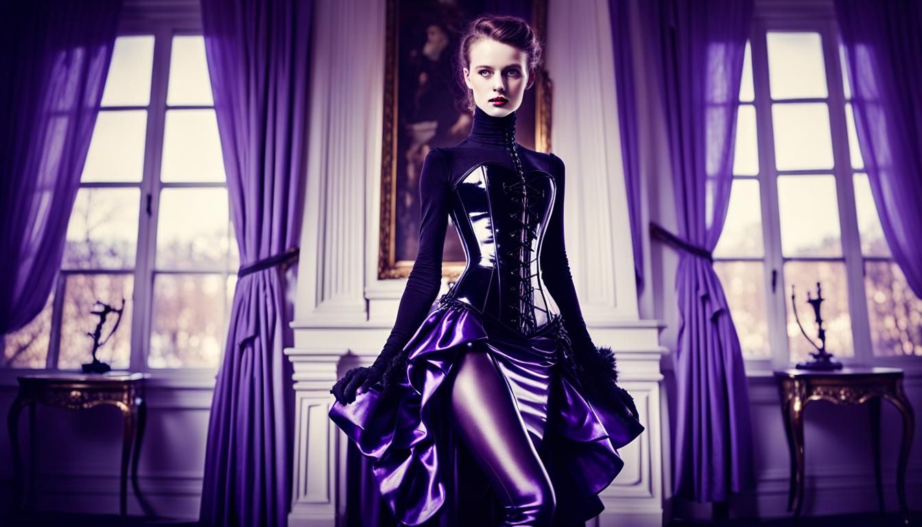 Elegant Woman in Victorian Corset and Glossy Boots