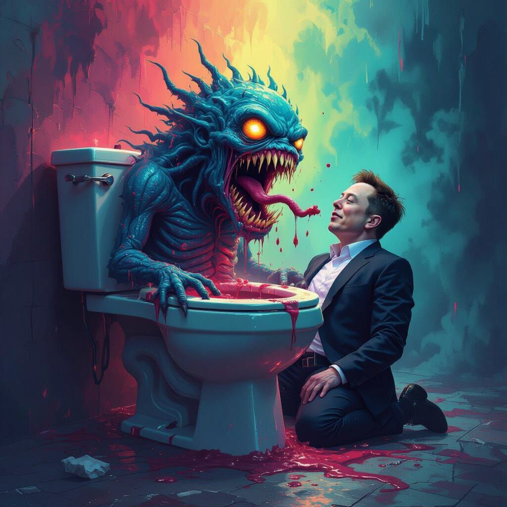Surreal Skibidi Toilet Eats Elon Musk Digital Painting