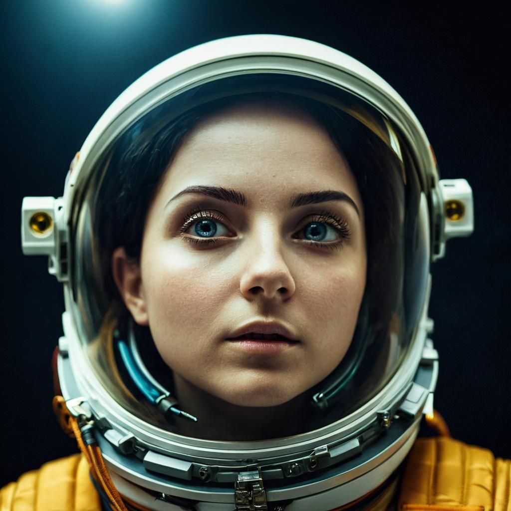 065 A beautiful female astronaut wearing a yellow/golden spa...