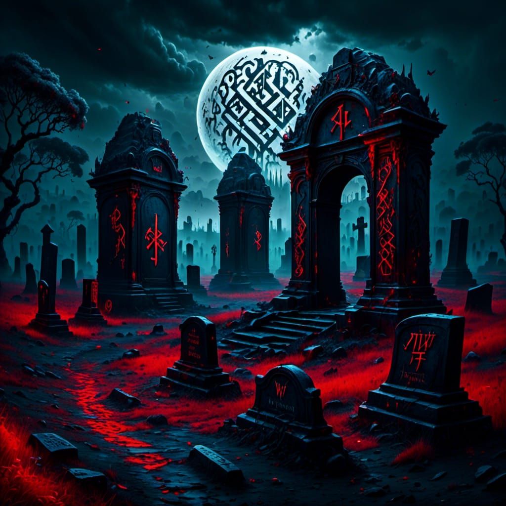 Graveyard Scene with Glowing Runes in the Fog