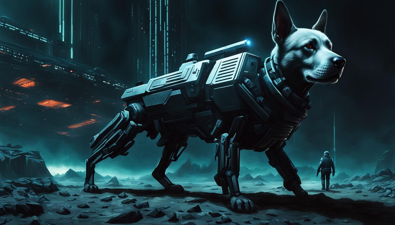 Cyberpunk Guard Dog in Futuristic Outpost Aesthetic
