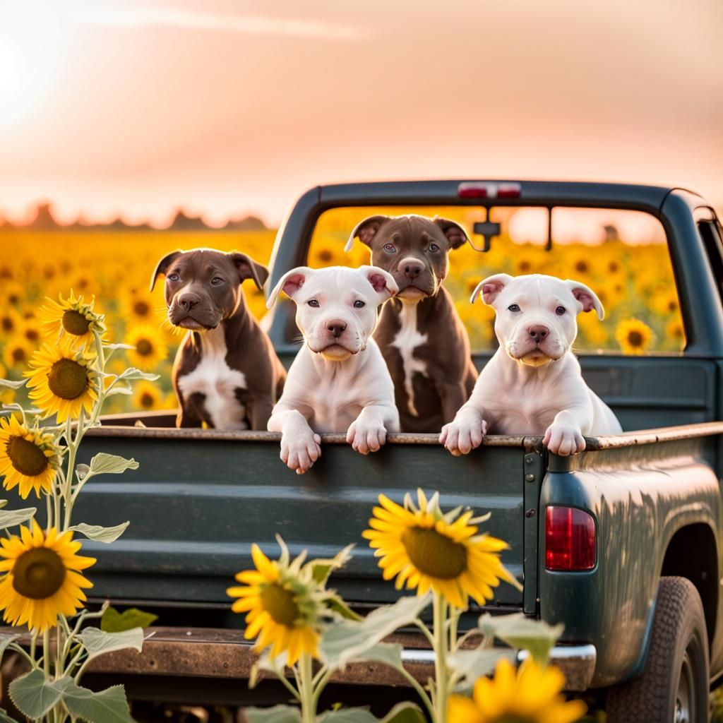 Pitbull Puppies in Truck at Sunset: Photography