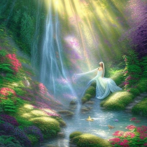 Ethereal Fairy Bathing in a Hidden Waterfall