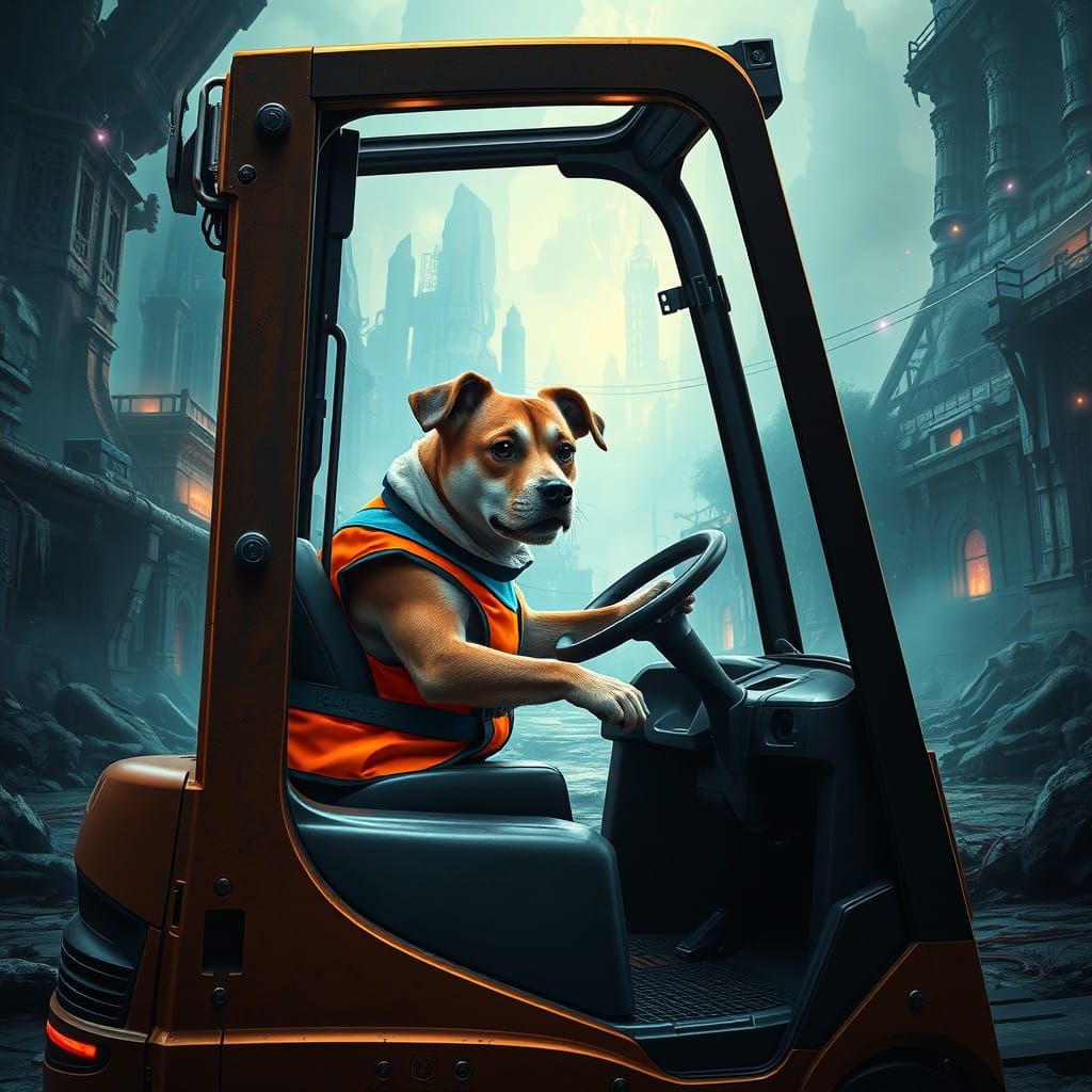 Determined Working Dog Operates Futuristic Forklift in Myste...