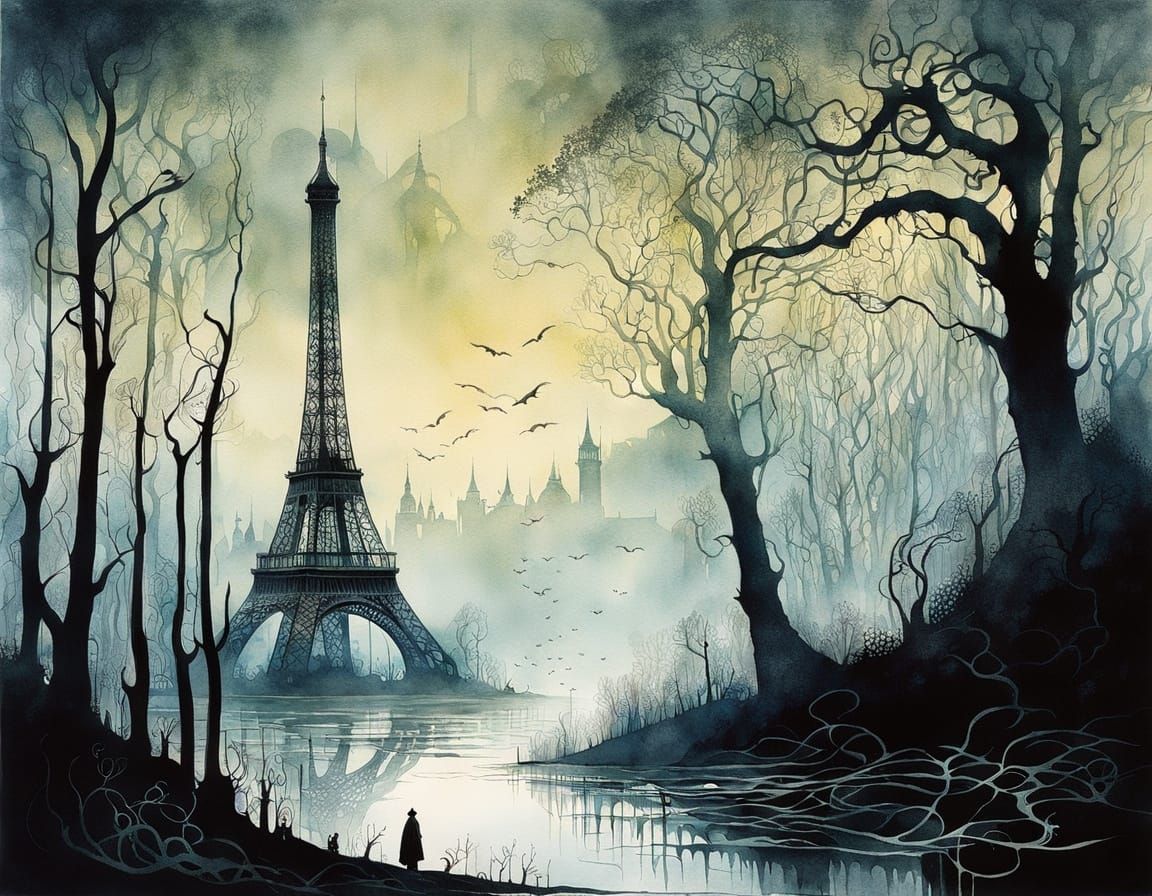 Eldritch Eiffel Tower in a Watercolor Landscape