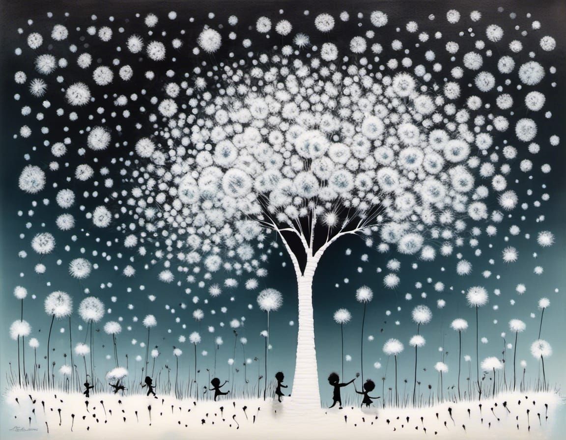 Dandelion Tree Silhouette in Snow, Sketchbook Style