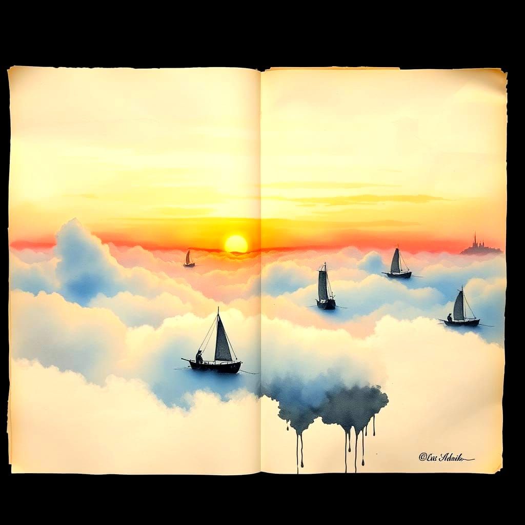 Dreamy European Ink Painting of Boats Riding Clouds at Sunse...