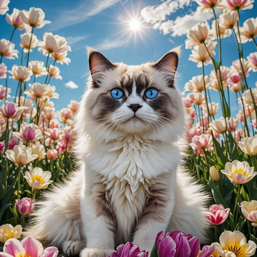 Blue-Eyed Ragdoll in Tulip Garden