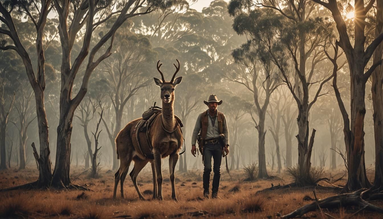 Cowboy Photographing Antlered Kangaroo in Fog