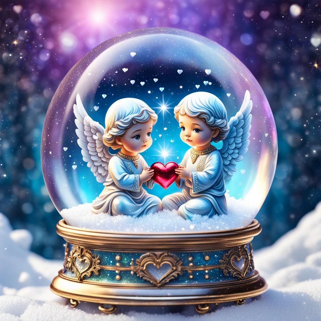 Miniature Angels Holding Heart in Jeweled Snow Globe
