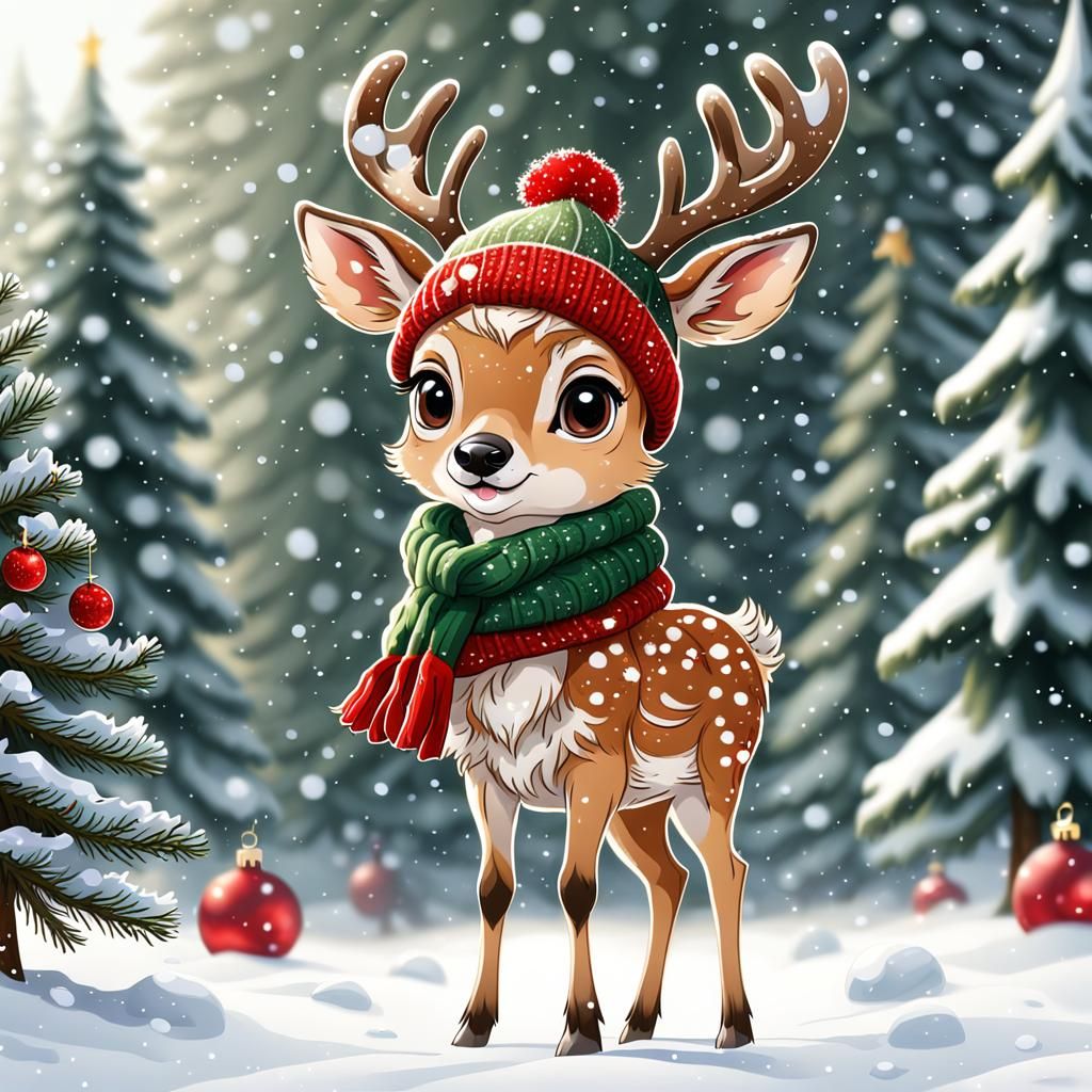 Chibi Fawn in Winter Knitwear Illustration