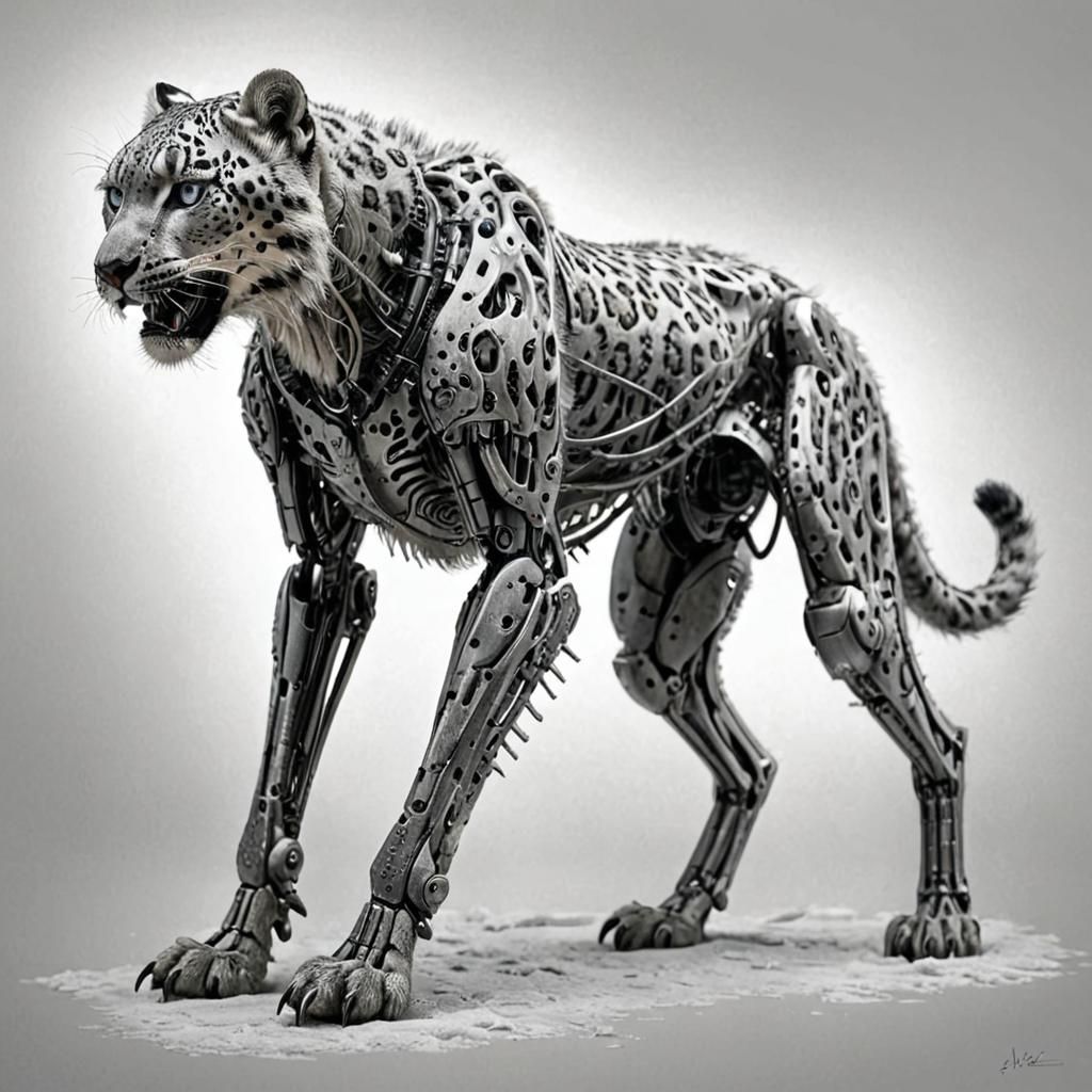 disturbing angry snow leopard cyborg hyperdetailed charcoal ...