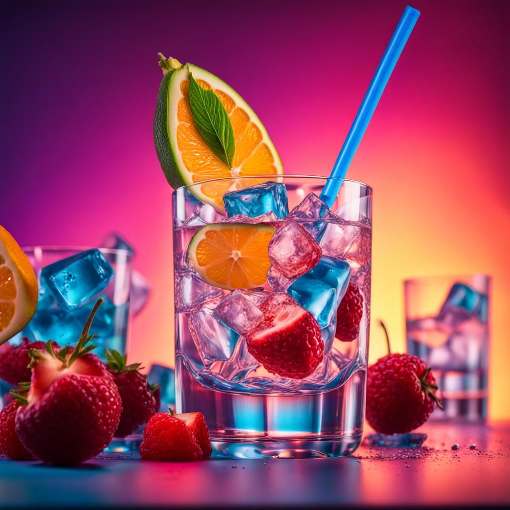 Hyperrealistic Crystal Ice Cubes in Fruity Cocktail