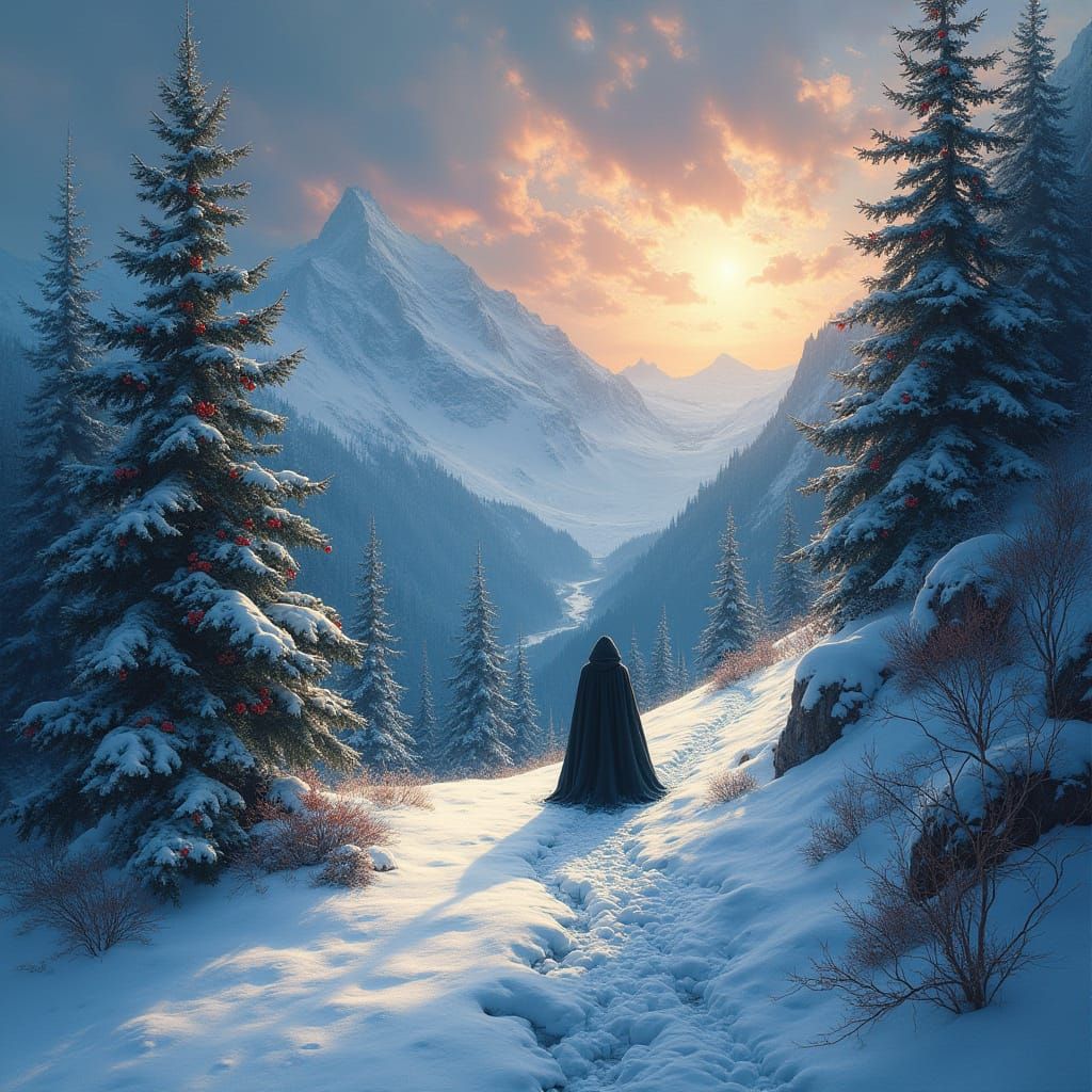 Epic Winter Landscape with Cloaked Figure, Classical Style, ...