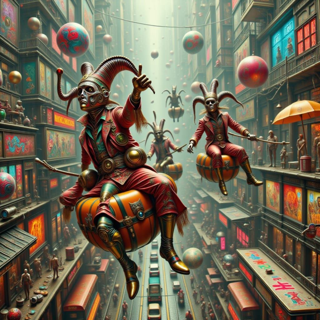 Cyborg Jesters Ride Hover-Gondolas in Mega-City Canyon