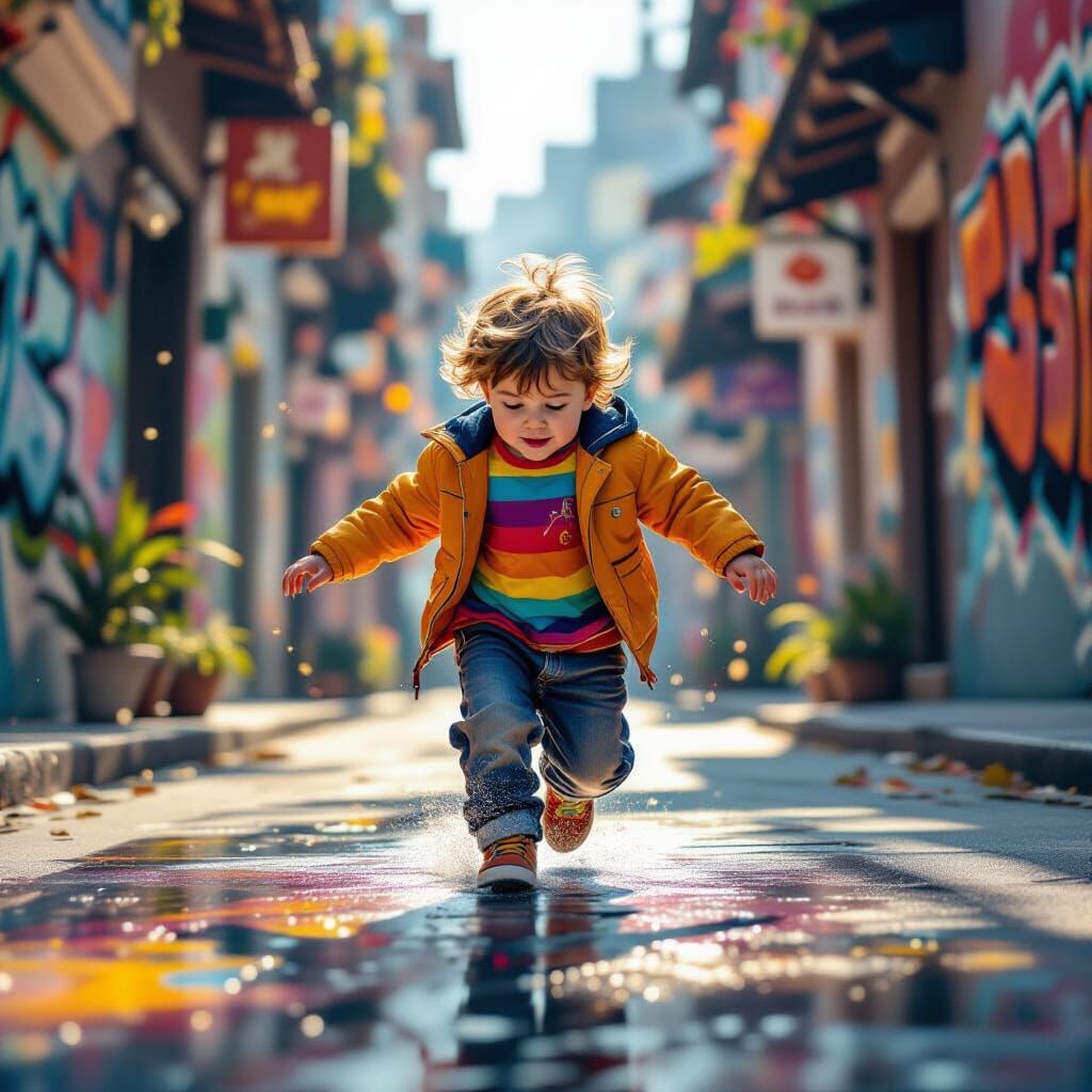 Child Falls Amidst Vibrant Abstract Artistry