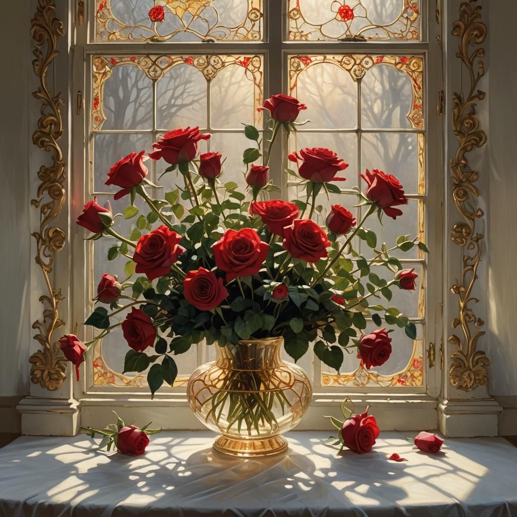 Roses in Enamel Vase: Hyperrealistic Floral Art