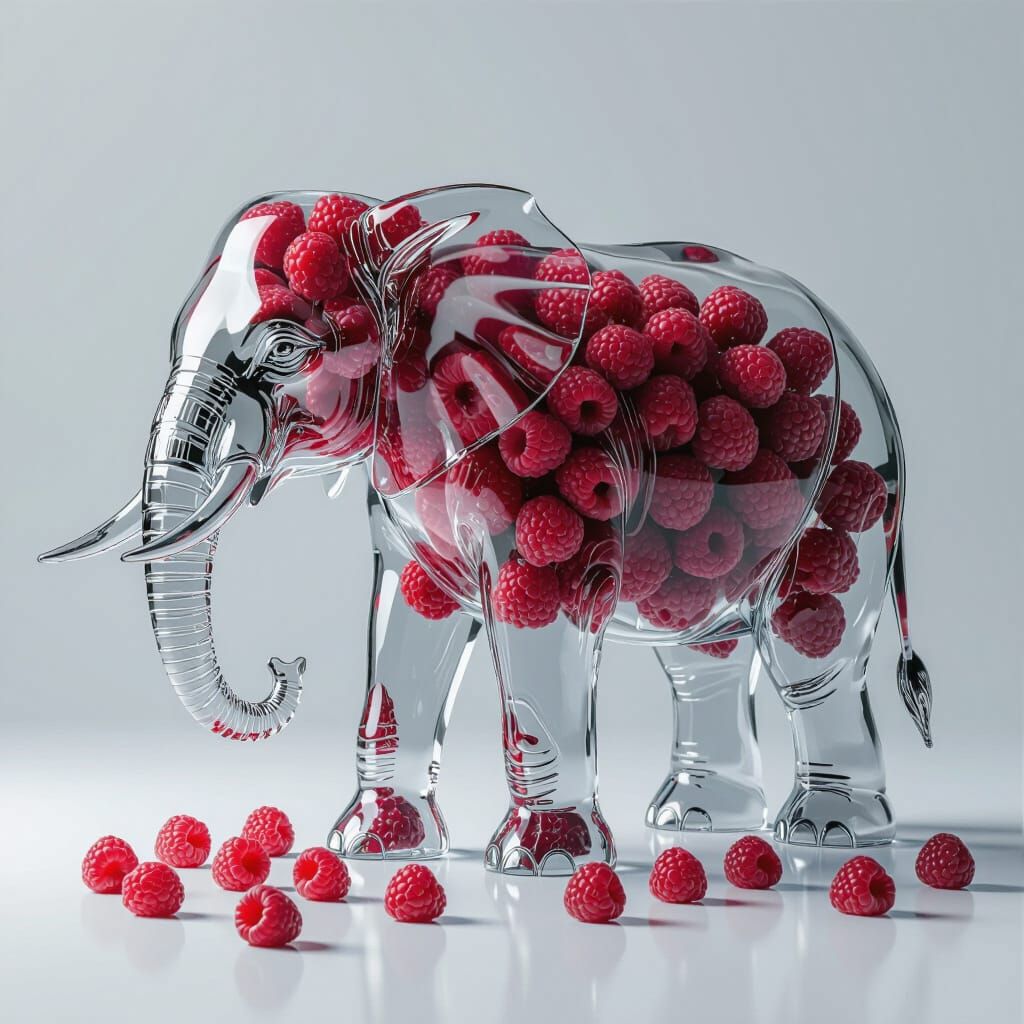 Crystalline Elephant Filled with Raspberries in Ethereal Sty...