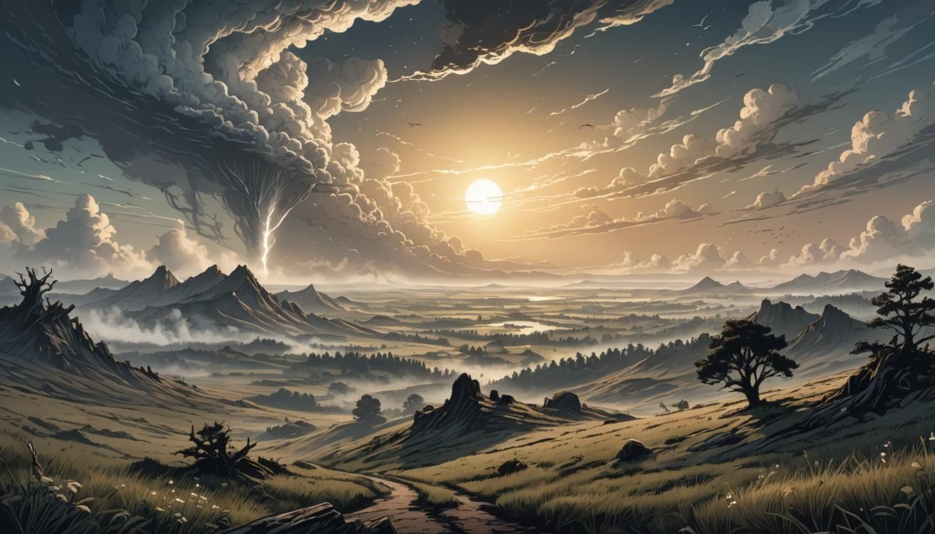 Surreal Desolate Meadow at Dawn in Retro Style