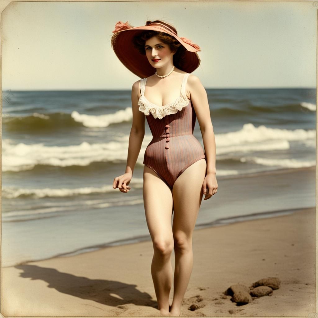 Pretty woman in 1920s bathing suit on a beach.