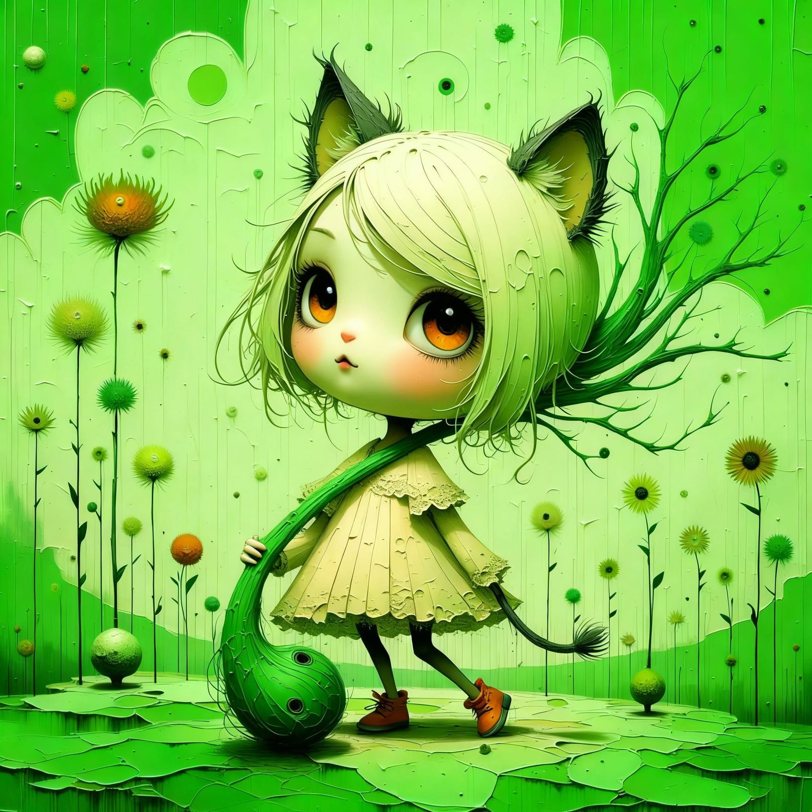 Chibi Creature Blends Cat and Spring Onion in Manga Style