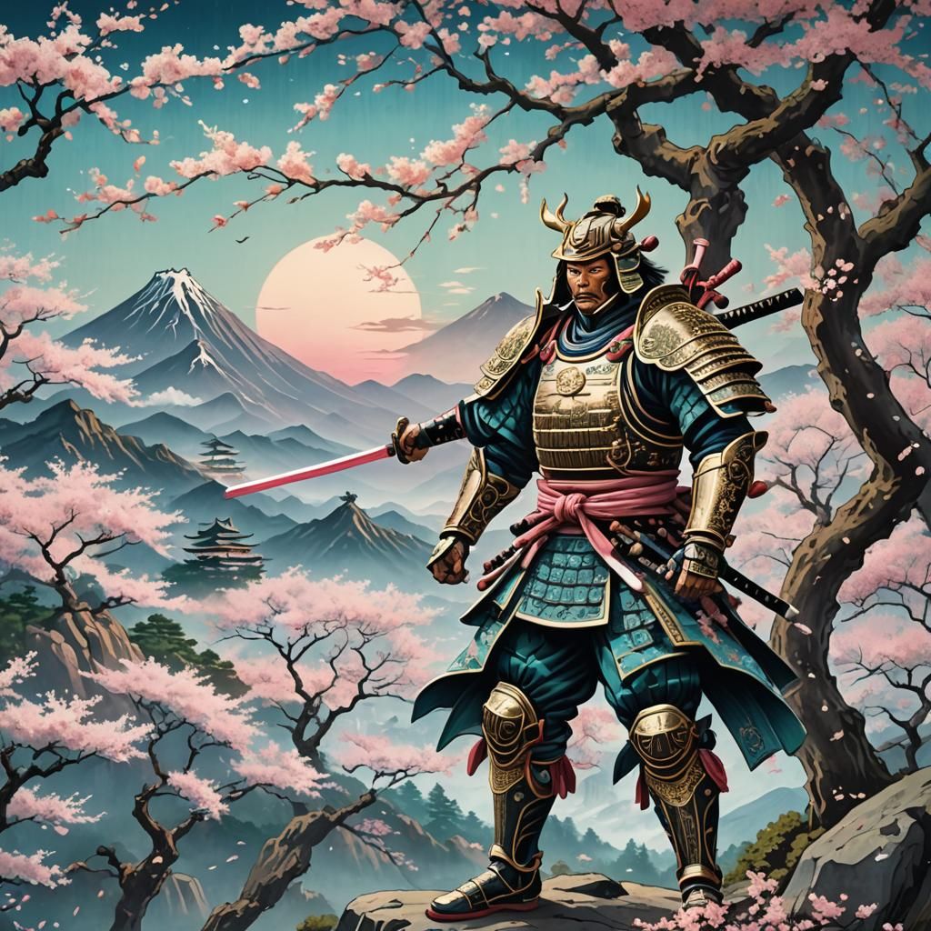 Samurai Warrior in Ukiyo-e Style Landscape