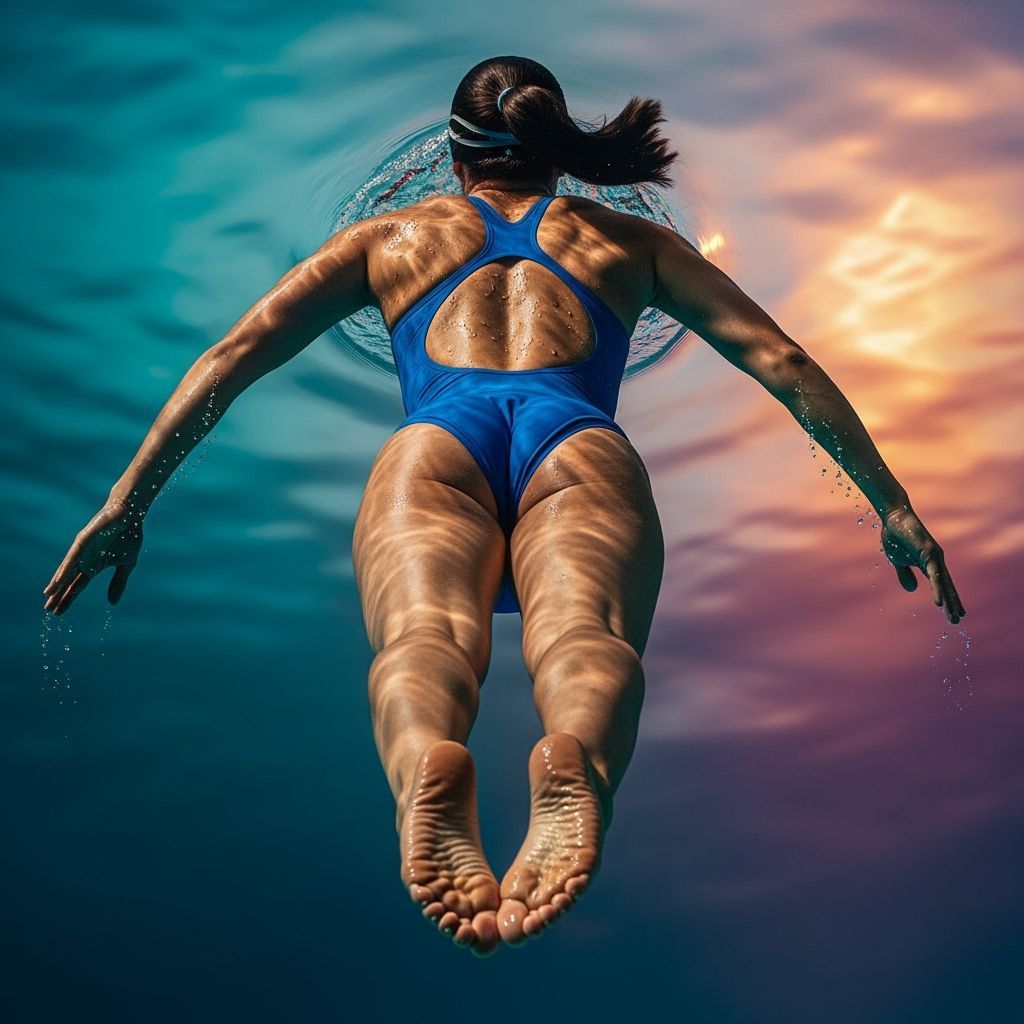 Woman Swimmer in Blue One-Piece Suit