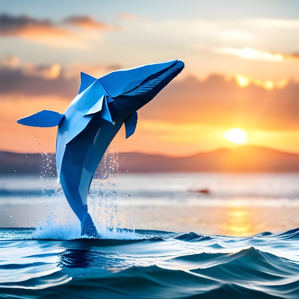 Blue Origami Whale in Ocean Splash Art