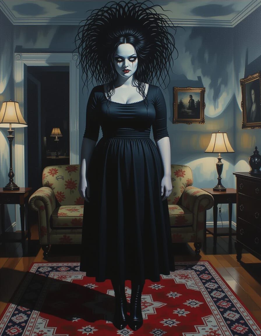 Horrifying Faceless Woman in Dark Living Room Painting