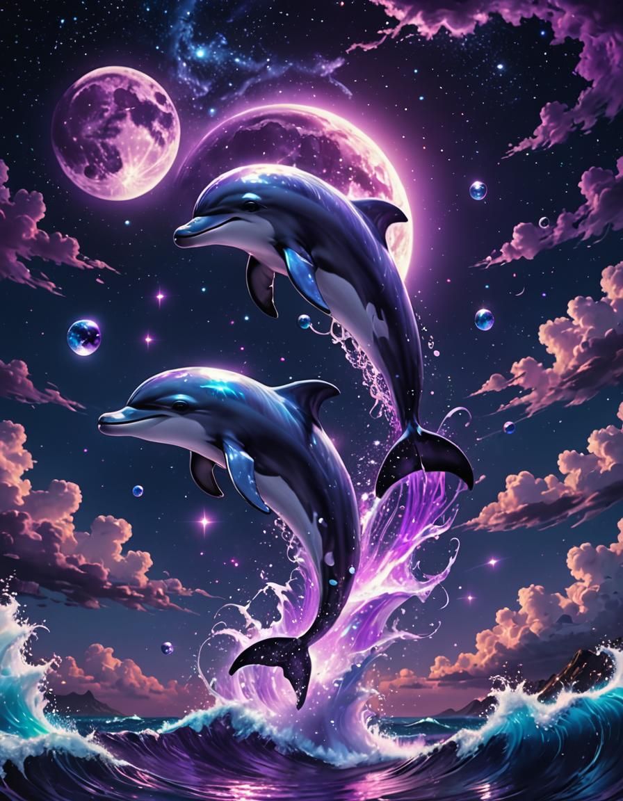 Mythical Dolphin Leaps from Galactic Vaporwave Sea
