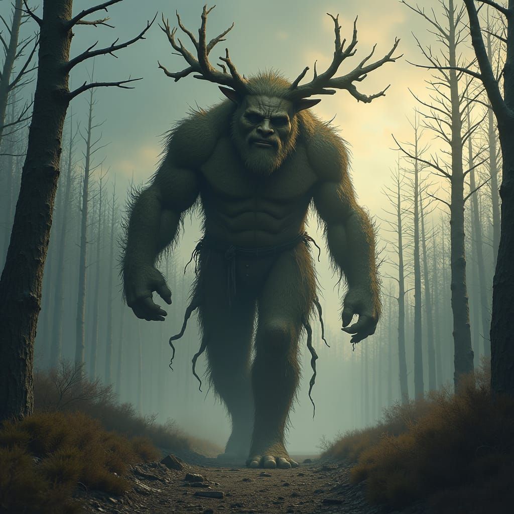 Ancient Tree Man Walks Through Destroyed Forest