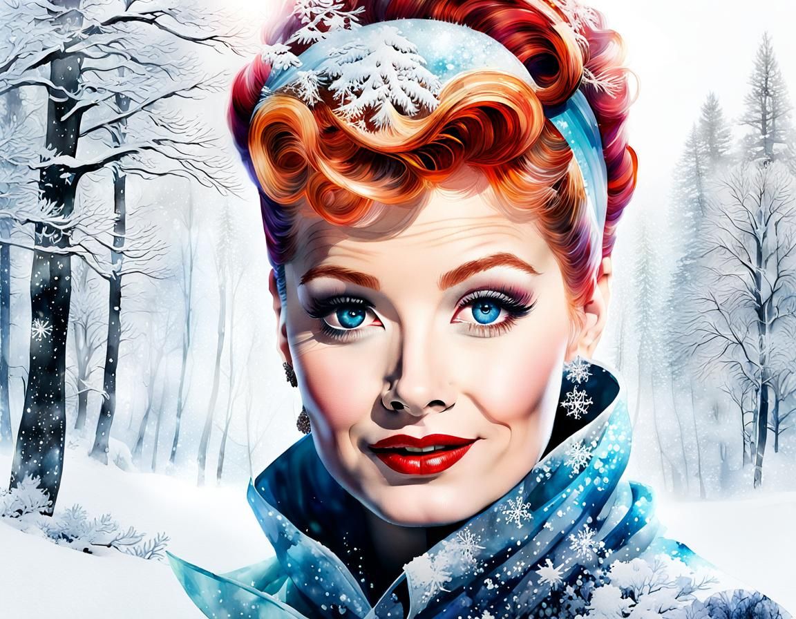 Lucille Ball as White Witch in Watercolor Winterscape