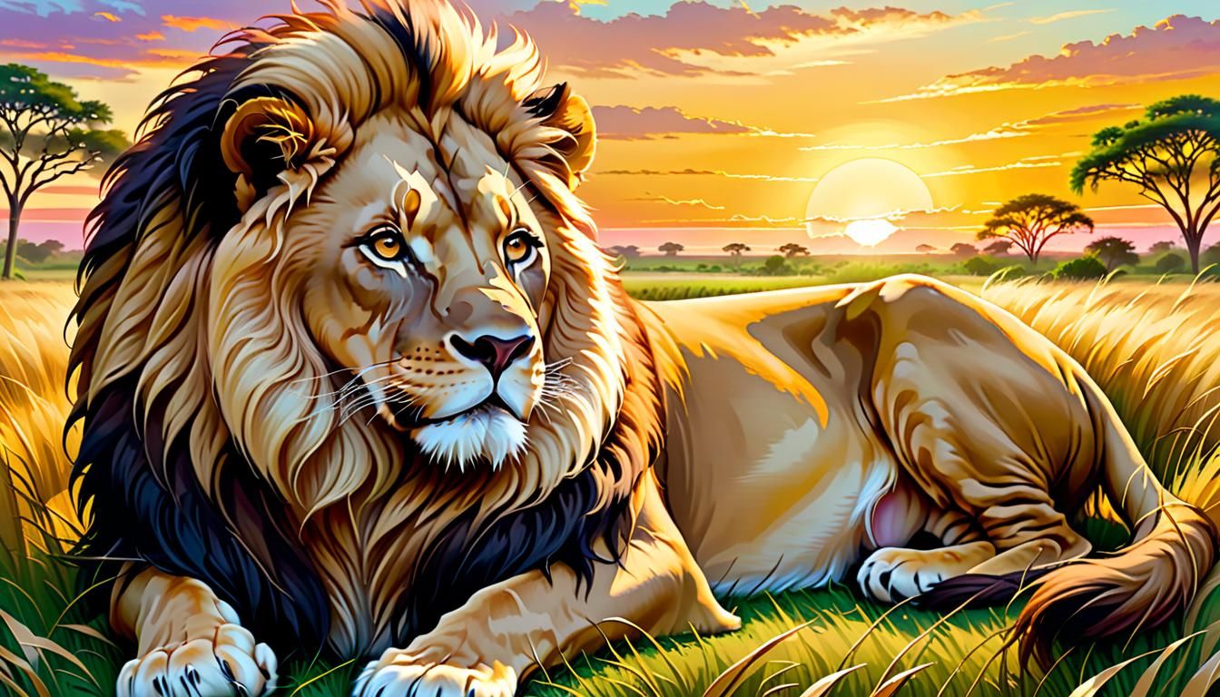 Majestic Lion Resting in Golden Savannah Grassland