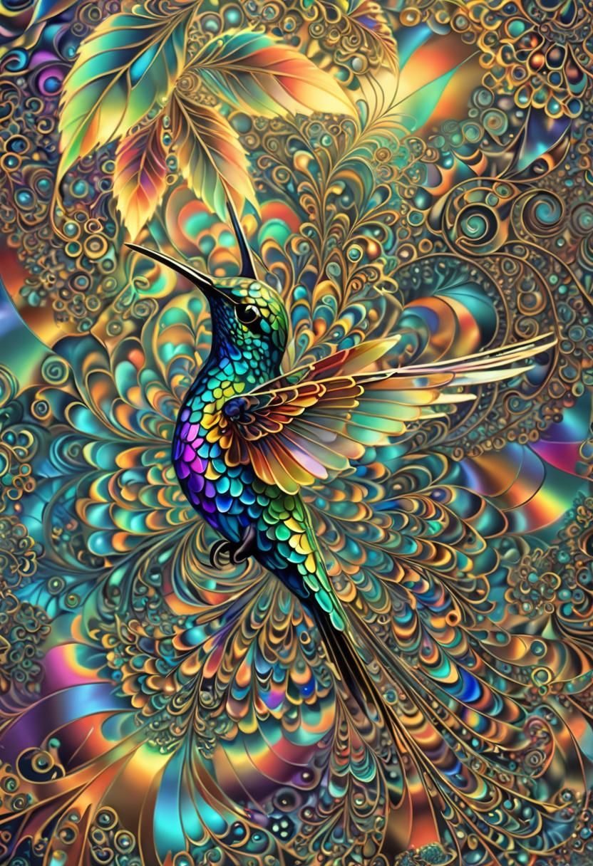 Iridescent Hummingbird in Fractal Art Style