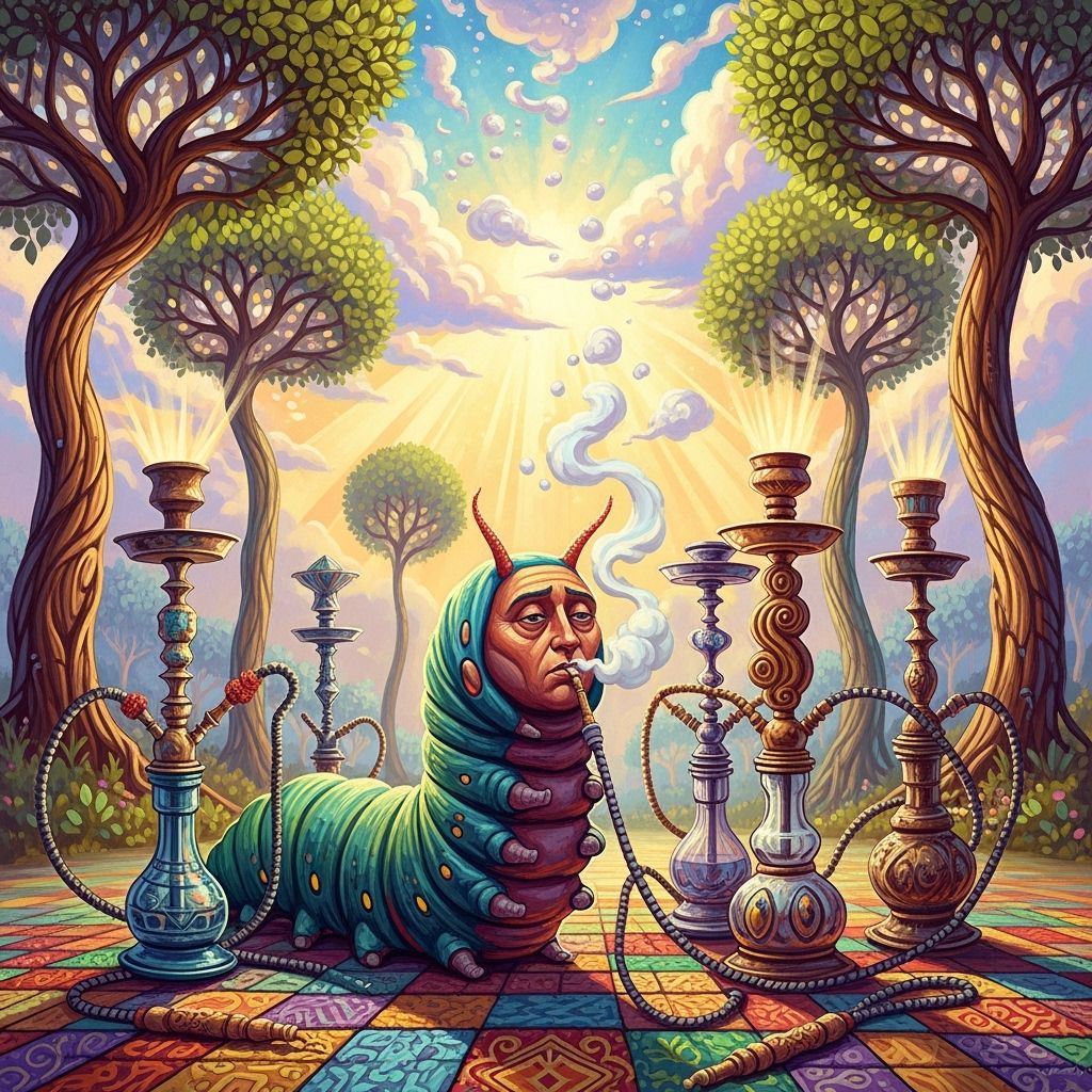 Contemplative Caterpillar Smoking Hookah in Whimsical Garden