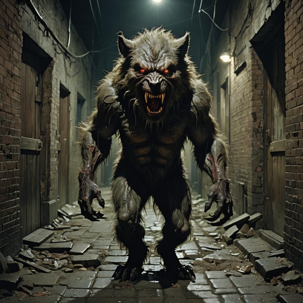 Portrait of a snarling werewolf, fluorescent eyes bulging wi...