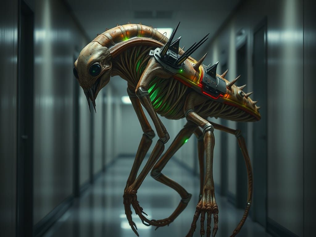 Grotesque Biopunk Alien in Shadowed Laboratory