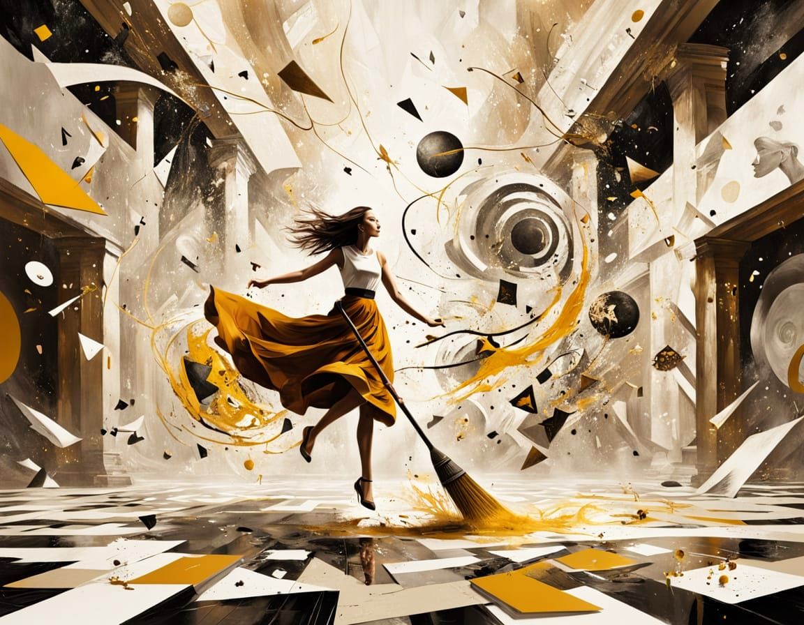 Surreal Magic Broom Chases Woman in Abstract Room