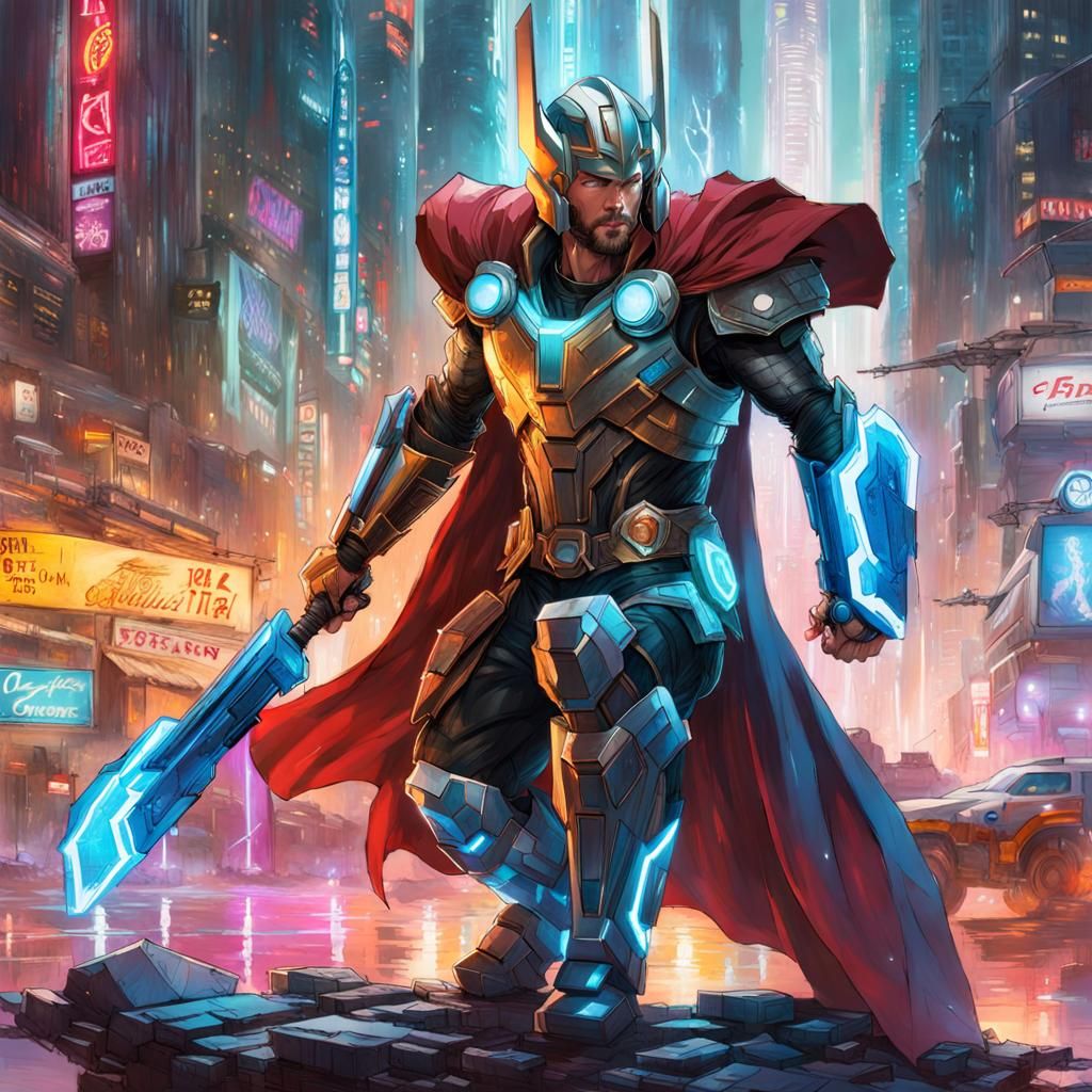 Cyberpunk Thor in Robotic Armor Cityscape