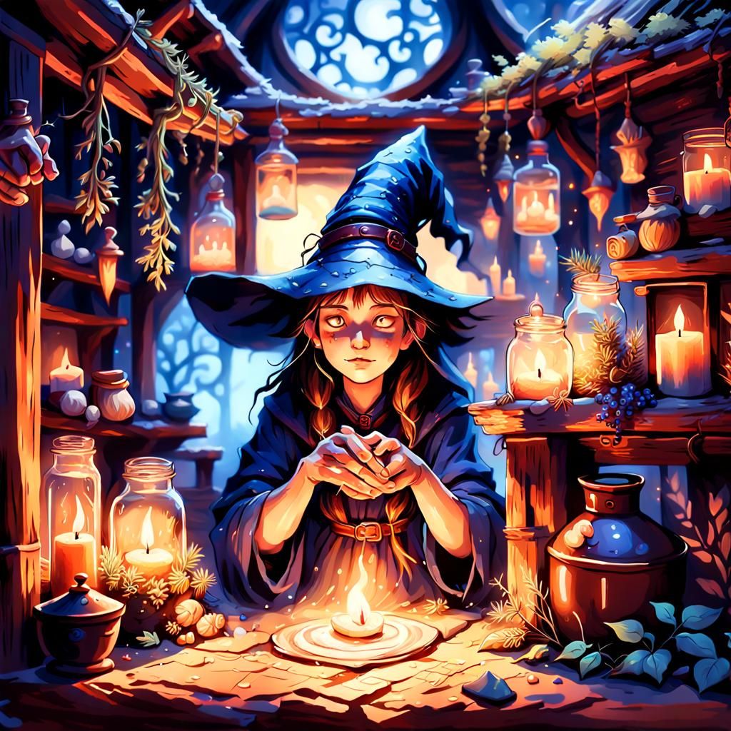 Ethereal Witch Weaving Spells in Dimly Lit Hut