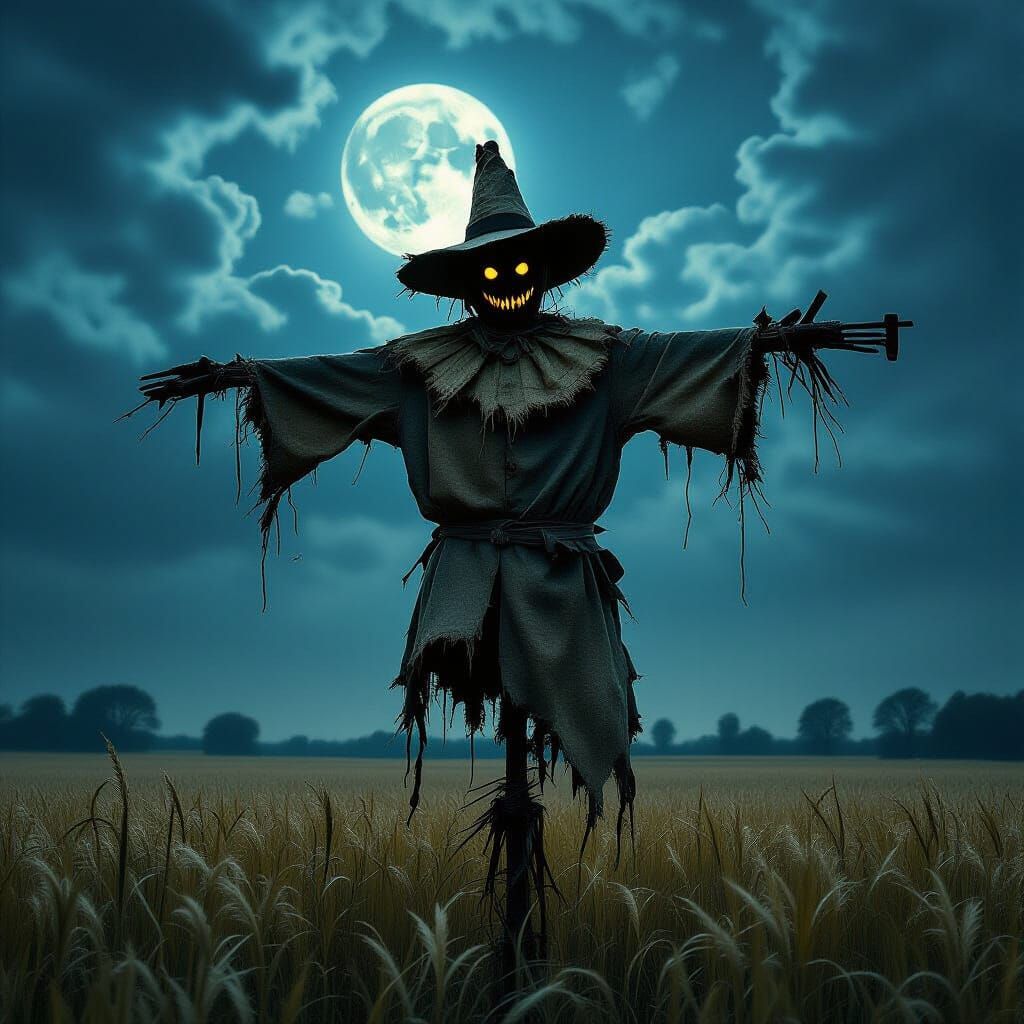 Gothic Scarecrow in Moonlit Field, Biomechanical Surrealism