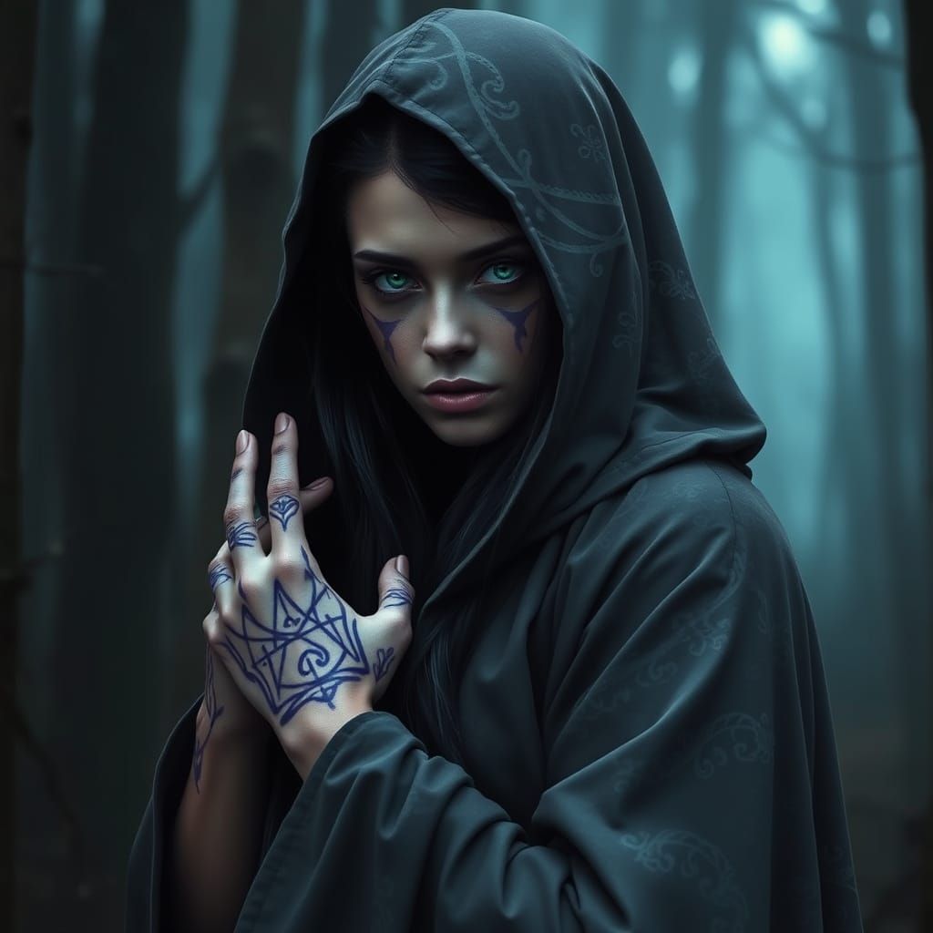 Mysterious Woman in Misty Forest, Mystical Art