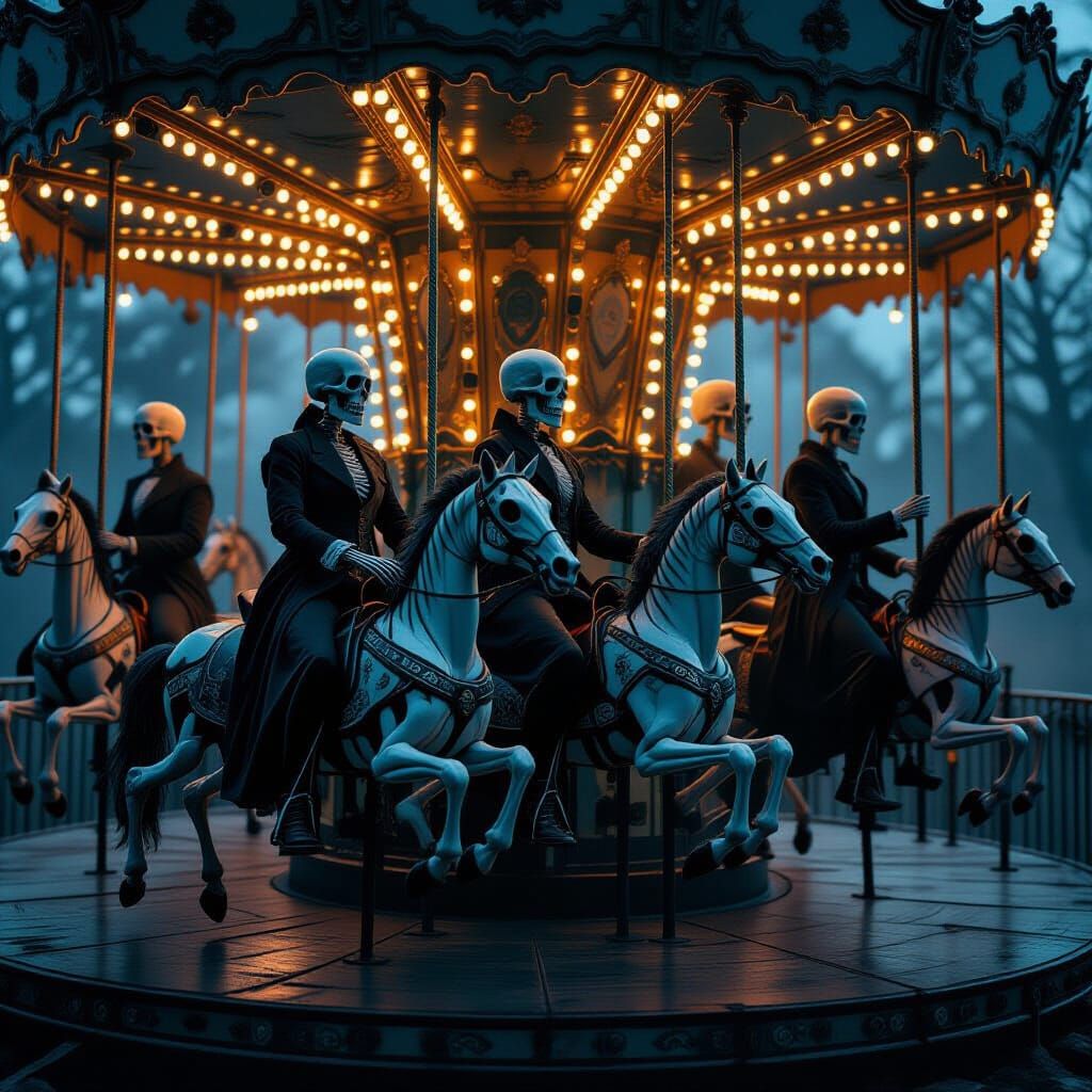 Victorian Skeletons Ride a Misty Merry-Go-Round
