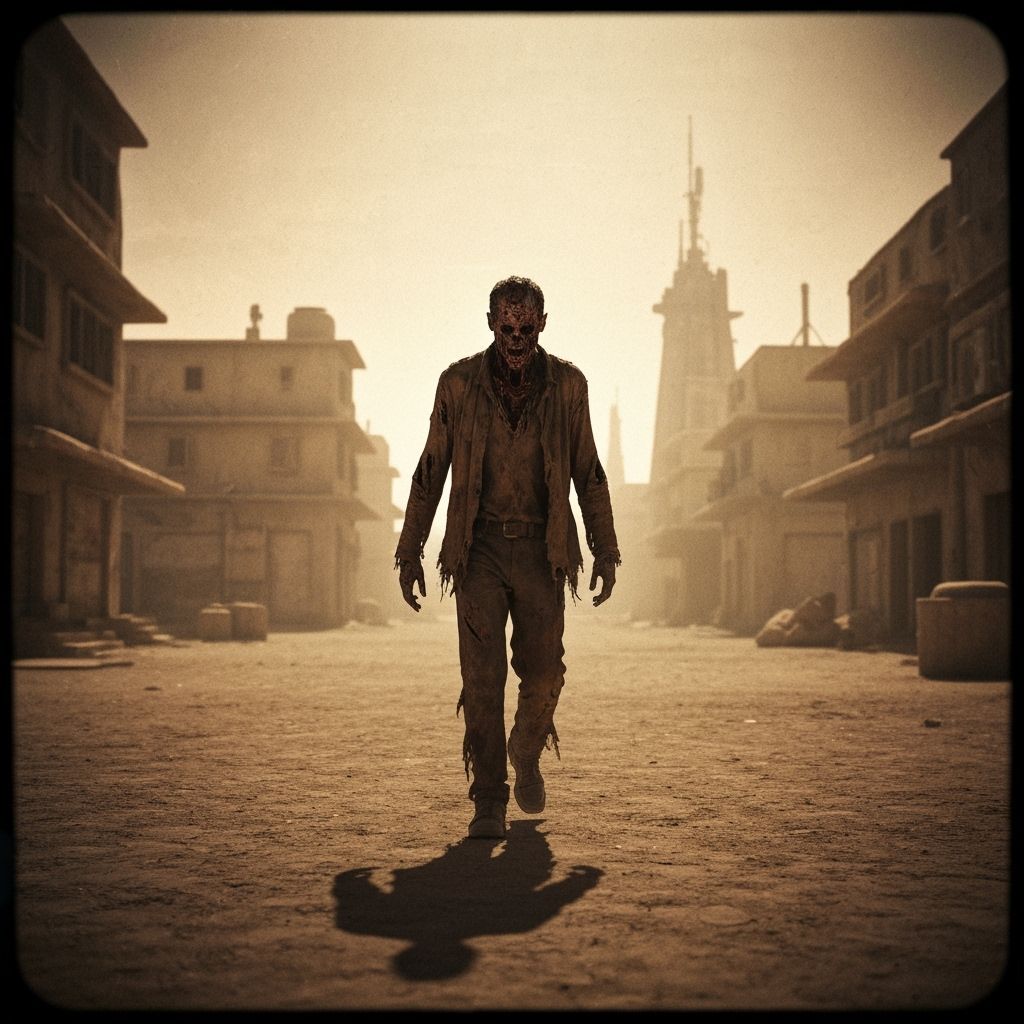 Zombie in Desert Cityscape: Gritty Cinematic Film Still