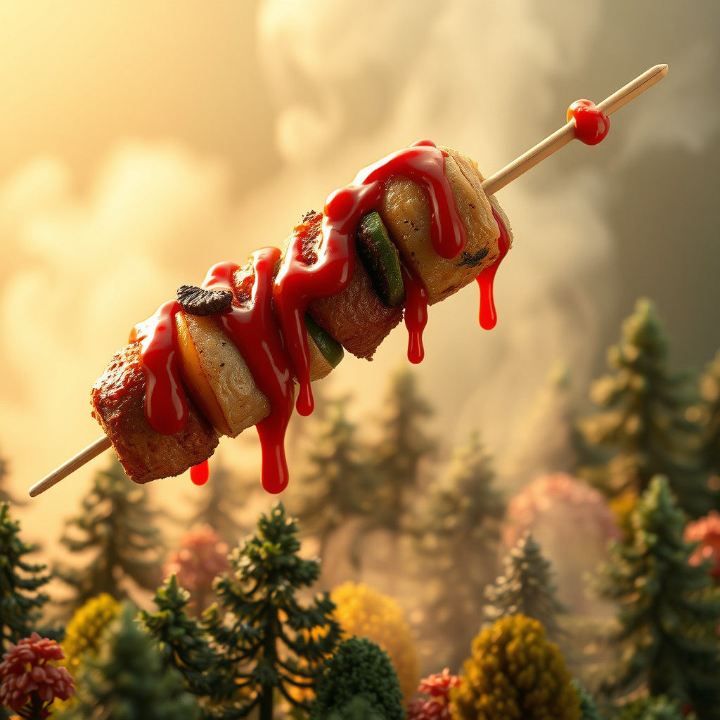 Giant Shashlik Skewer Soaring Over Tiny Forest