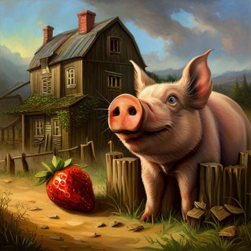 Anthropomorphic Pig Eats Strawberry on Farm