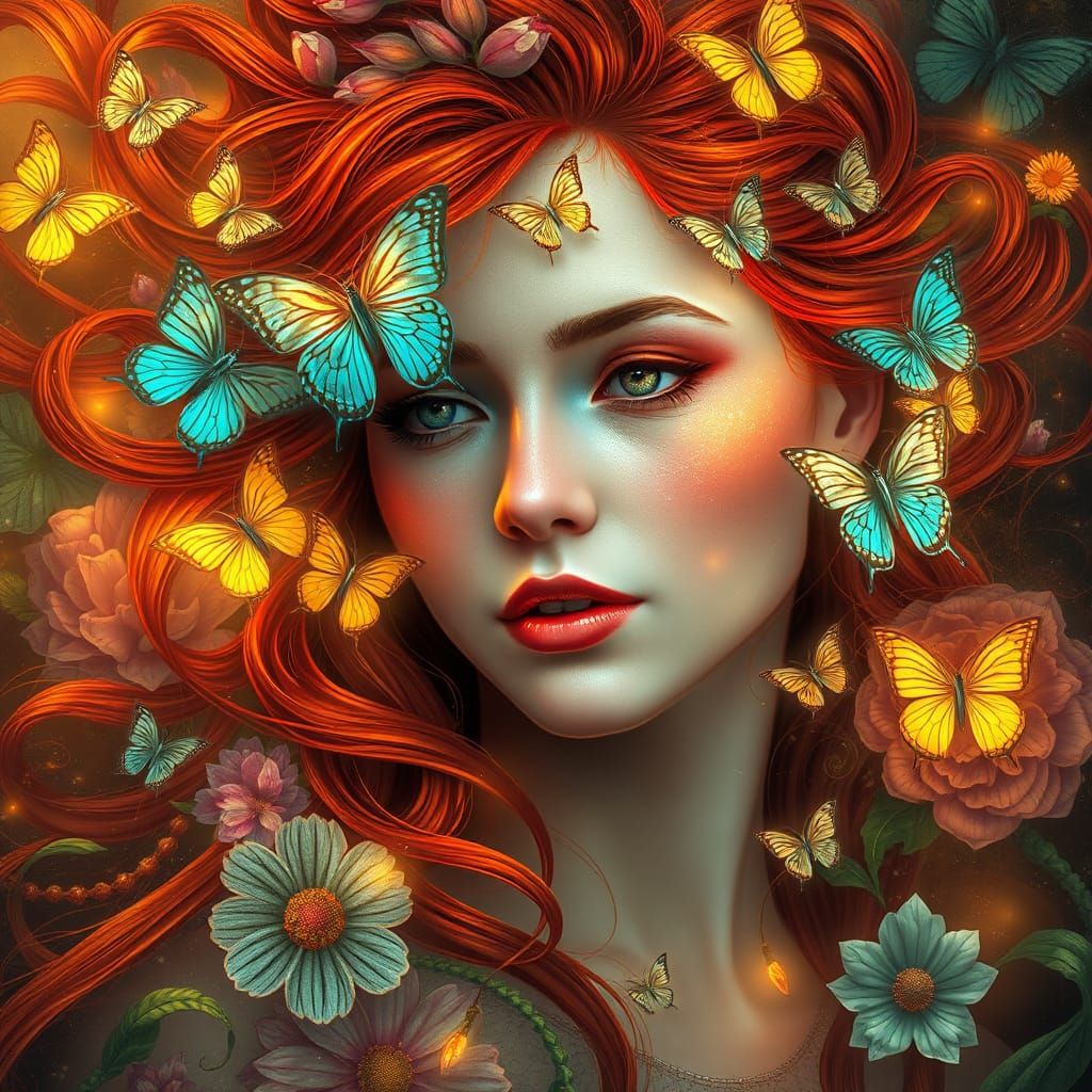 Ethereal Woman Portrait with Butterflies in Art Nouveau Styl...