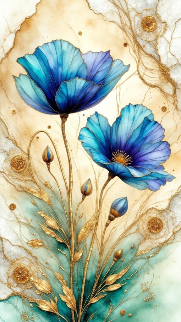 Blue Poppies in Gold Mist Watercolor