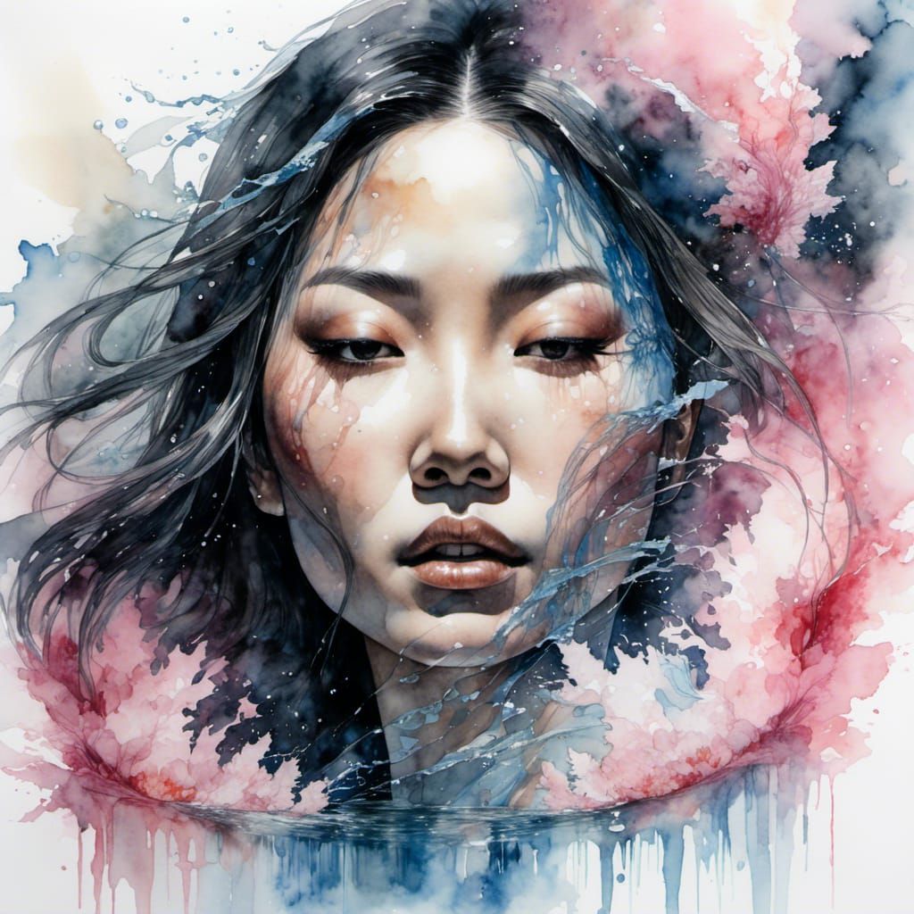 Ethereal Asian Woman Portrait with Celestial Reflection